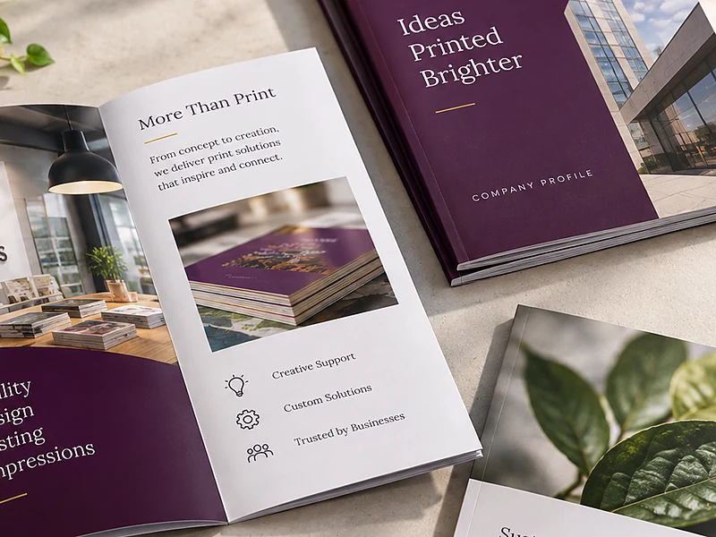 Open booklet spread beside a stack of branded company-profile covers