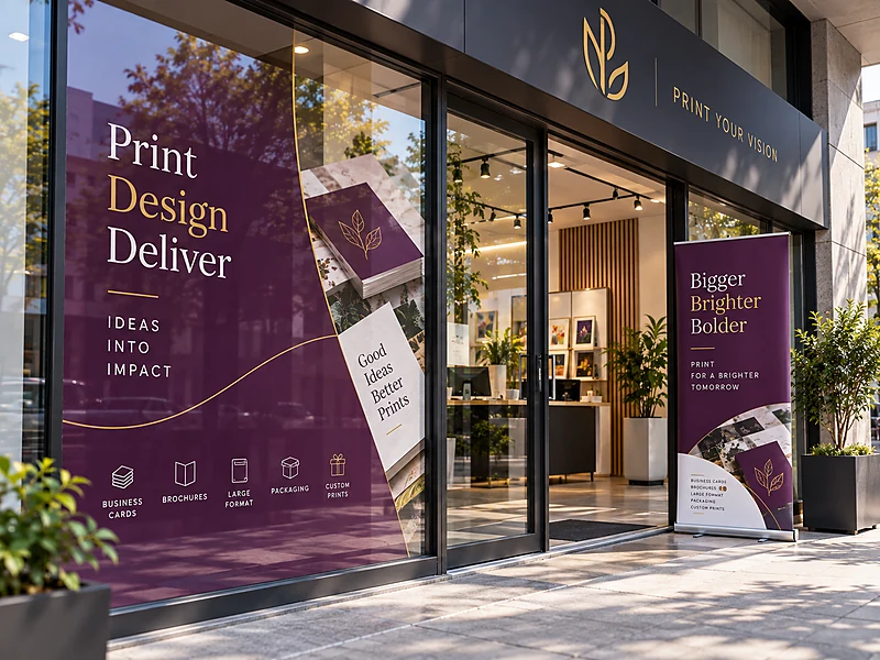 Printed window graphics covering a storefront, with a pull-up banner standing on the sidewalk beside the door