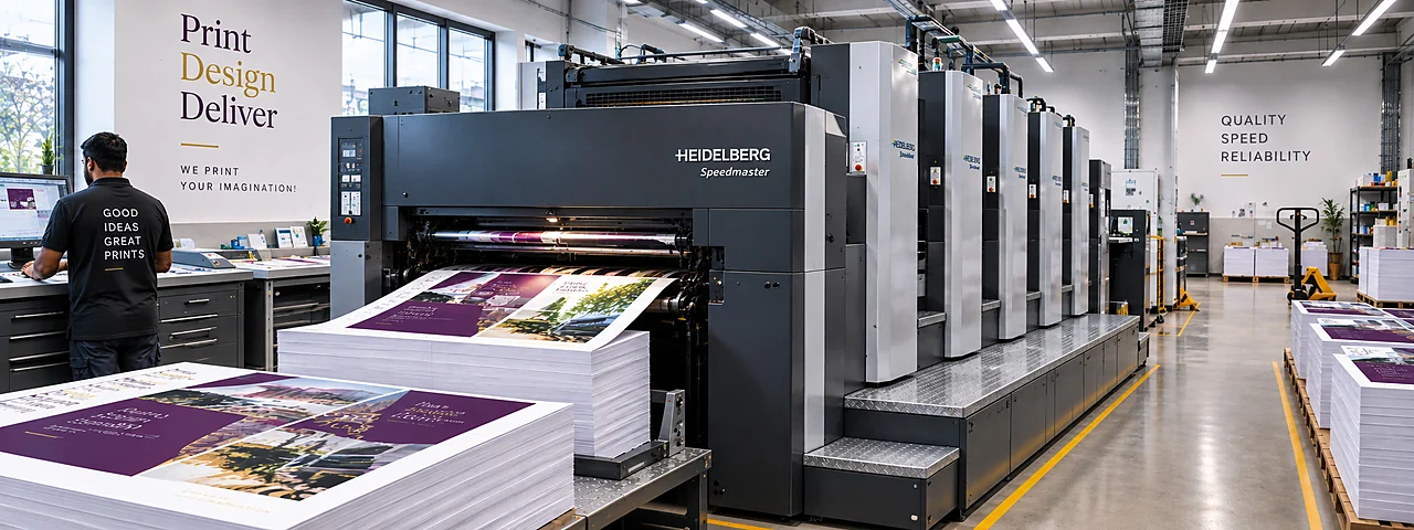Five-colour sheetfed offset press running printed sheets, with stacked press sheets on pallets alongside