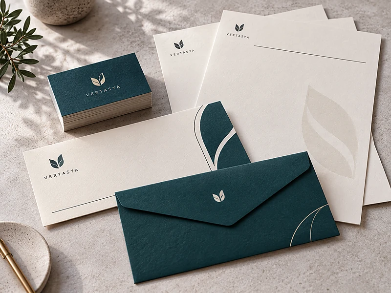 A stationery set from one job — a stack of business cards, two letterheads and a printed envelope, in teal and cream