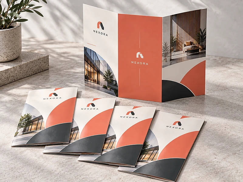 A run of tri-fold brochures, one standing open to show the fold and four fanned flat beside it, in coral and charcoal